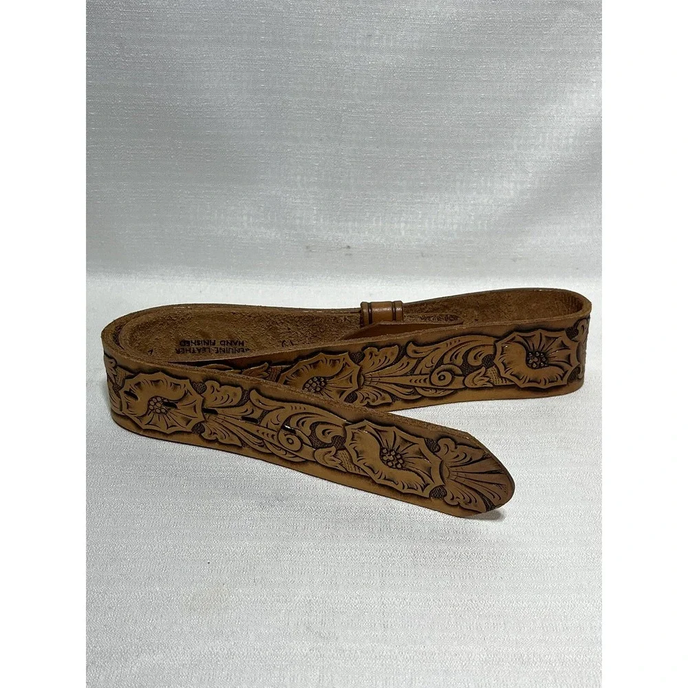 Belt Leather JC Penney Hand Finished Brown Floral Morning Glory Sz 30 #27016 VTG